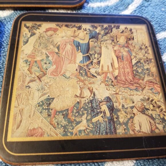 Vintage Pimpernel Cork Wood Coasters 4" Medieval motif set of 5 - Picture 7 of 10